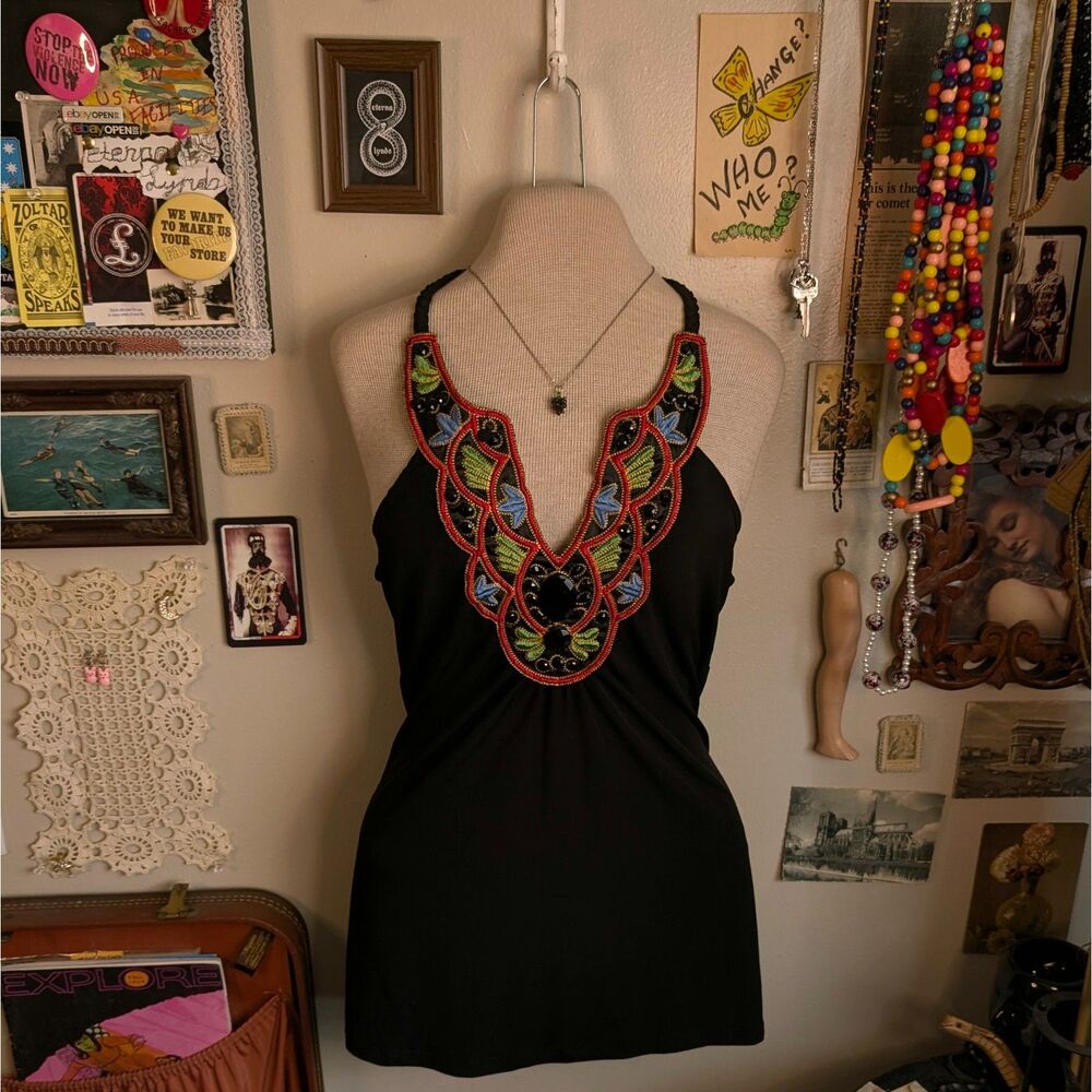 Embroidered Beaded Halter Tank Top Women's Medium Black